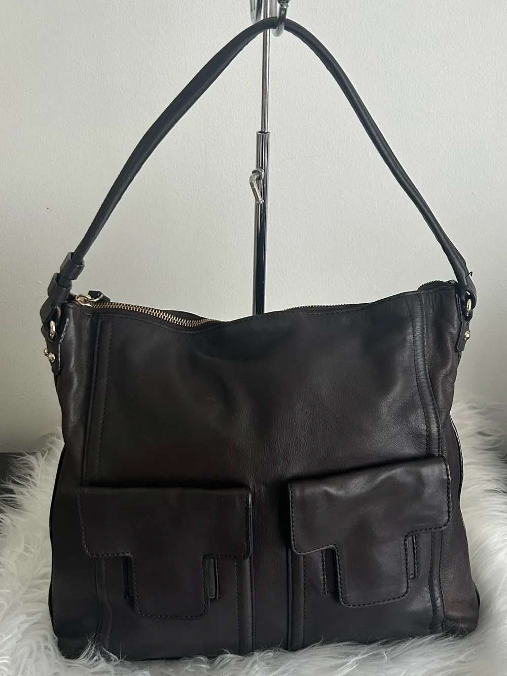 Kate Spade Brown Leather Hobo Shoulder Bag Large Dual Pocket Purse